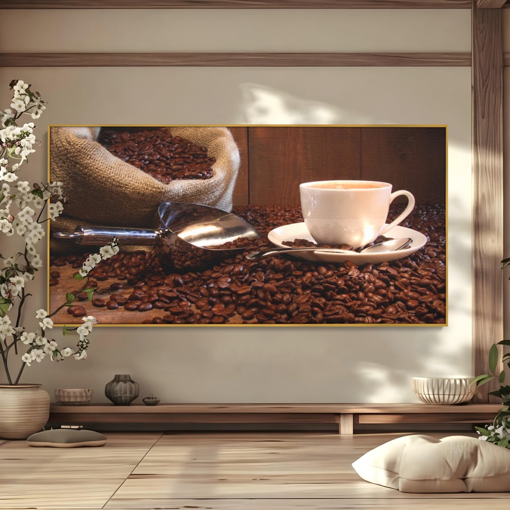 Tablou canvas cu tablou cu cana de cafea si sac de iuta, in rama de aluminiu auriu